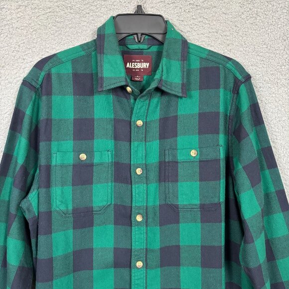 Alesbury Mens Fireside Brushed Flannel Shirt Green Navy Buffalo Medium NWOT's - Picture 2 of 7